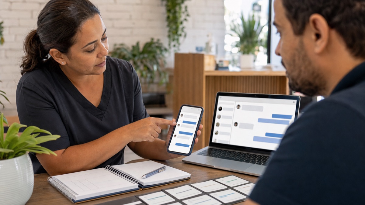 Atendimento com IA e WhatsApp para pequenas empresas Equipe de pequena empresa revisando mensagens de clientes em smartphone e laptop com apoio de IA