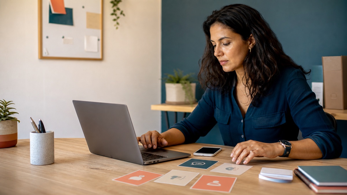 Marketing digital com IA conectado ao processo de vendas Profissional organiza cartões de conteúdo, contato e venda ao lado de notebook e celular em uma pequena empresa